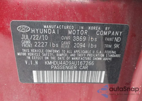 2010 Hyundai Elantra Gls from USA, damaged, VIN KMHDU4AD9AU167266